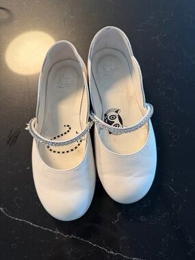 Christian Louboutin White Girls' Mary Jane Flats with Crystal Strap Accent